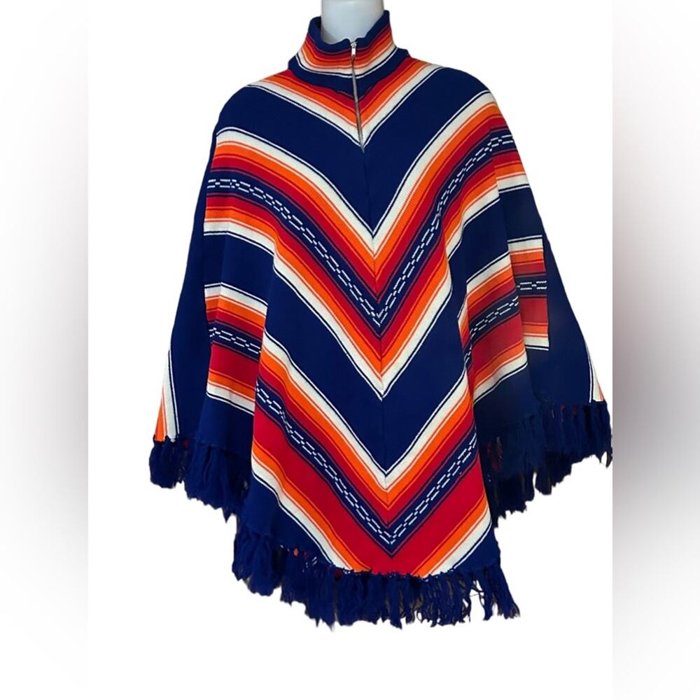 Vintage Bohemian Style Blue and Orange Serape Striped Sweater Poncho